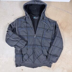 Y2k I5 Apparel Plaid Sherpa Lined Hoodie Gray Blue Full Zip Jacket Men's Medium